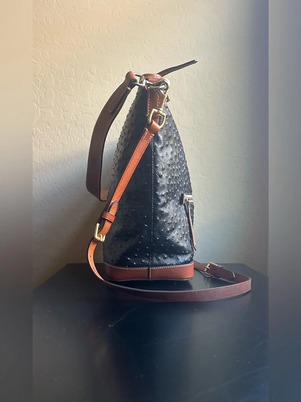 Large Dooney & Bourke Hobo Bag in Black Ostrich Leather